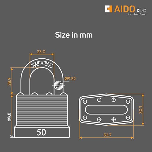 Image of AIDO 50mm Laminated Steel Padlock | Heavy Duty Waterproof Lock for Gates, Doors, Shutters, Shops, Homes, Trunks by dormakaba Group | 4 Keys | Hardened Shackle | Rust & Impact Resistant | 2 Yr Warranty