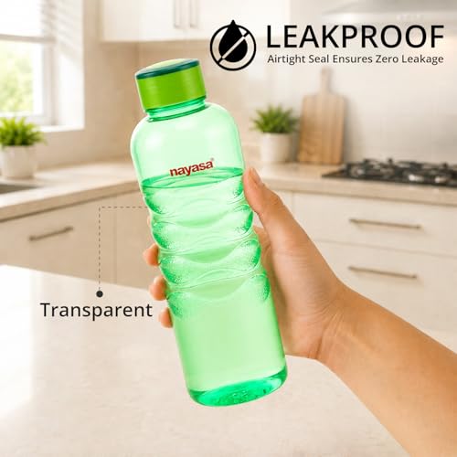 Image of Nayasa Revello 1000 ML Pet Plastic Fridge Water Bottles Set of 6 | BPA Free | Leak Proof | Airtight Lid | Green