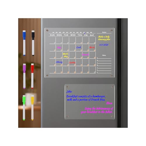 Acrylic Magnetic Dry Erase Fridge Calendar Set, 16" x 12" Monthly Planner+ 12" x 8" Transparent Blank Memo Board w/ 3 pcs Switchable DIY Cardboard