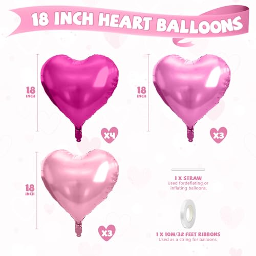 Image of Pastel Pink Heart Balloons, 10 Pcs Hot Pink Heart Shaped Balloon, 18 Inch Light Pink Rose Red Foil Balloons Helium for Girls Women Princess Brithday Bridal Baby Shower Valentines Party Decorations