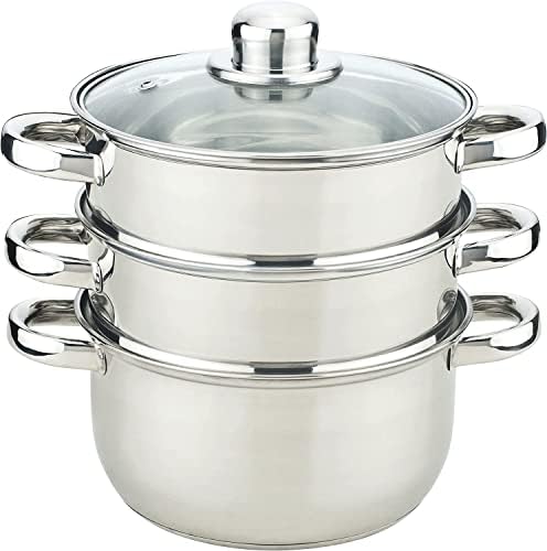 New 24CM 4PC Steamer Cooker Pot Set PAN Cook Food Glass LIDS Handle 3 Tier Stainless Steel | Mirror Polish Inside & Out | Ventilated LID Hole
