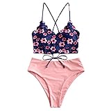 ZAFUL Sunflower Bikini Set Padded Lace Up Ruched Tankini High Waisted Bathing Suit (Floral Pink, M)