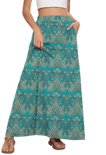 Image of Womens Maxi A-line Long Skirt Casual 2026 Elastic High Waist Flowy Skirts with Pockets