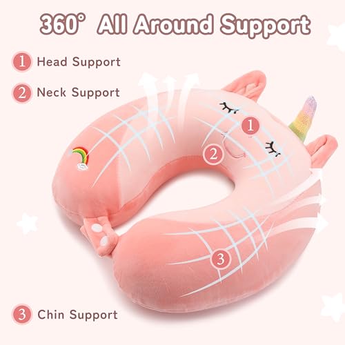 Image of Kids Travel Neck Pillow for Ages 3-8, Memory Foam, Removable Cover, Unicorn | Machine washable, 13 in neck size, hidden zipper, 360-degree head and chin support, car seat and airplane use