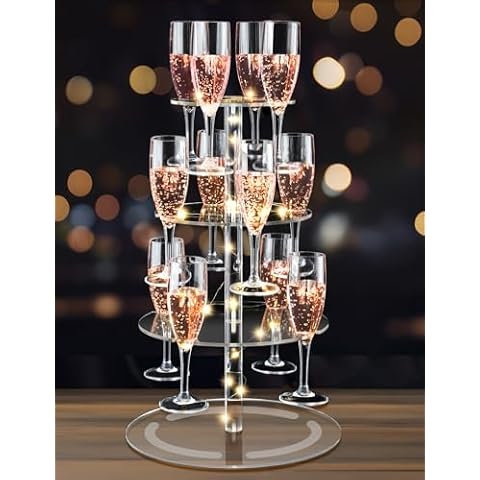 NiHome 3-Tier Clear Acrylic Champagne Tower with String Light, 12-Glass Cocktail Tree Stand Wine Rack, Weddings Parties Bars Drink Tower for Champagne, Cocktails, Martini, Margarita Cups Cover