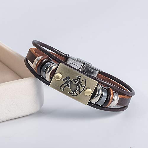 Image of Young & Forever Zodiac Sign Multi-Strand Genuine Leather Bracelet for Men & Boys - Adjustable Tribal Wristband with Antique Metal Charm