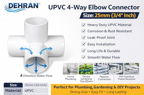Image of DEHRAN UPVC 4-way Elbow 3 /4 inch inchi (25MM) Pipe Joint /Corner Heavy Duty UPVC Available for Greenhouse, Tent Connection,Furniture and Plumbing Projects White Color (5)
