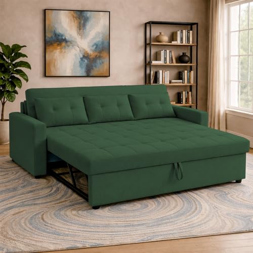 Image of Emilio 3 Seater with Ottomon Pull-Out Sofa Cum Bed (Green Color) Premium Fabric Sofa Set for Living Room | Bedroom