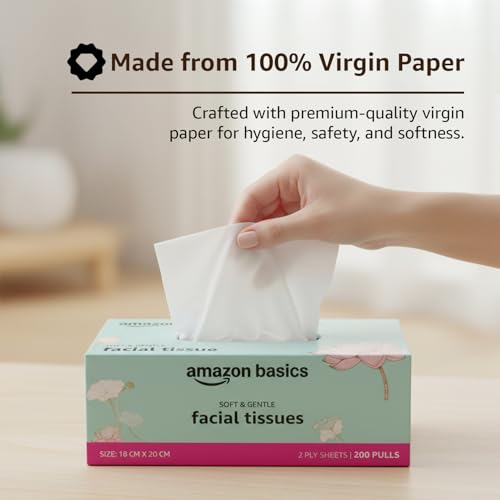 Image of Amazon brand- Amazon Basics 2-Ply Facial Tissue paper 1200 pulls | 200 pulls x Pack of 6| Soft, Absorbent & Gentle| Chemical-Free