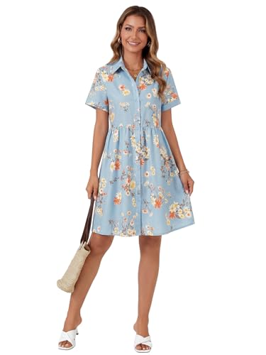Image of Rooscier Women's Striped Shirt Dress Button Down Collared Short Sleeve Mini Dress