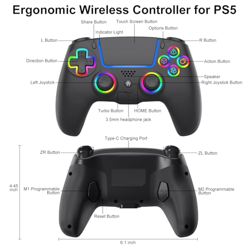 Image of ADHJIE Compatible with PS5 Controller, RGB LED Wireless Controller for PS5 | PS5 Slim /PS5 Pro /PC with 3.5mm Audio Headset Jack&1000mAh Built-in Battery, Turbo&Dual Vibration, Black