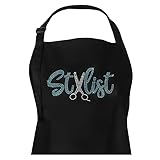 Black Hair Stylist Salon Bib Apron With Teal Rhinestone Scissor Design For Cosmetologist or at Home...