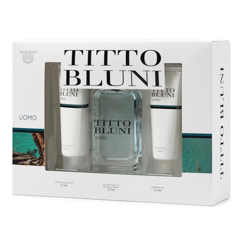 TITTO BLUNI - Uomo, Estuche Regalo Hombre de 75 ml, Colonia + After Shave + Gel de Baño, Eau de Toilette Masculina, Aroma Frutal Amaderado, Fragancia Fresca, Elegante y de Larga Duración