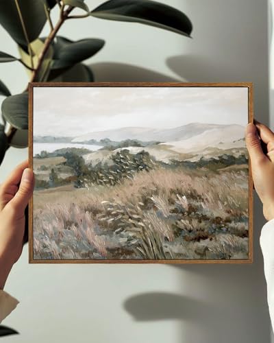Image of KISSFOX Framed Wall Art Vintage Wall Art Hills Lake Scenery Canvas Art Countryside Pictures Landscape Paintings Neutral Artwork Farmhouse Prints For Bedroom Kitchen Living Room