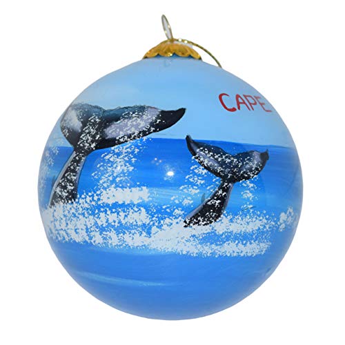 Art Studio Company Hand Painted Glass Christmas Ornament - Whale Tails with Lighthouse Cape Cod