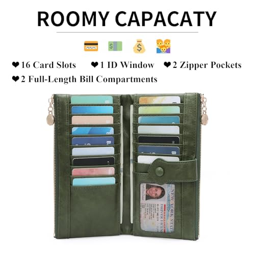 Image of GOIACII Wallet for Women Ladies Wallets Double Zippers Clutch Purse Green | Bifold Ladies Card Holder,Zipper Pockets,Ladies Wallets,Vintage Wallets for Women