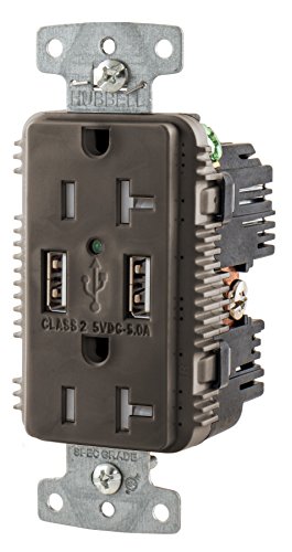Bryant Electric USBB20A5 5.0 Amp Mega High Speed Dual Type A USB Charger Outlet, 20 Amp 125 Volt Tamper Resistant Duplex Receptacle, Brown