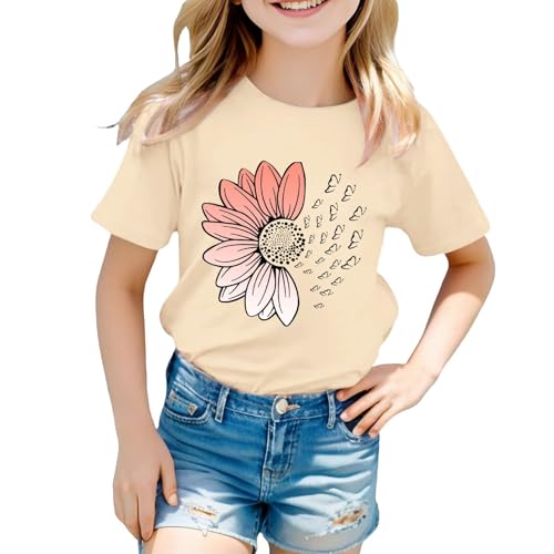 Girls Loose Fit Sunflower Graphic T Shirts Short Sleeve Crewneck Cute Pattern Printed Tops Kids (B-Beige, 2-3 Years)3