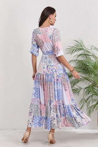 Image of Women Short Sleeve V Neck Floral Print Casual Bohemian Maxi Dresses