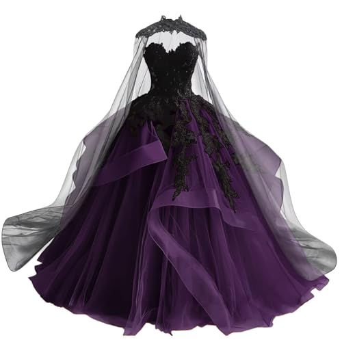 Mouccy Gothic Victorian Tulle Wedding Dresses for Bride Black Lace Bridal Gowns Puffy Strapless Wedding Gown with Cape