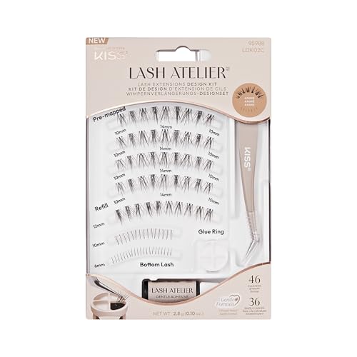 KISS Lash Atelier Professionelles Wimpernverlängerungs-Set, ‚Anime‘, künstliche einzelne Wimpern, 46 Wimperncluster & 36 Einzelwimpern, halten bis zu 7 Tage, Wimpernkleber-Ring, Applikator
