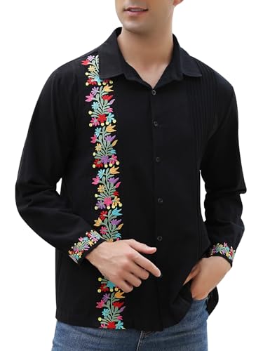 Mexican Shirts for Men Guayabera Cinco De Mayo Fiesta Traditional Embroidered Collared Button Up Long Sleeve