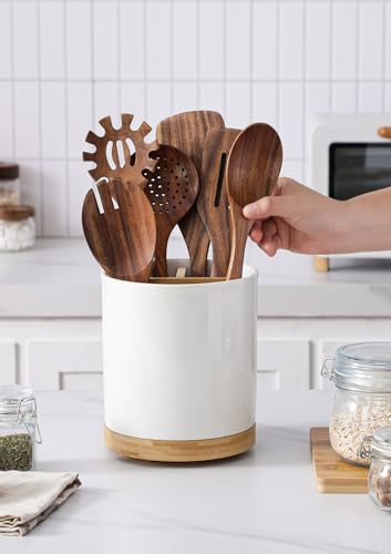 Image of LoeJan 3 Compartment Utensil Holder, Extra Large Utensil Crock, Stable Ceramic Utensil Organizer, Cooking Tool Organizer Set for Kitchen Counter Farmhouse Decor (C-White(Grossy))