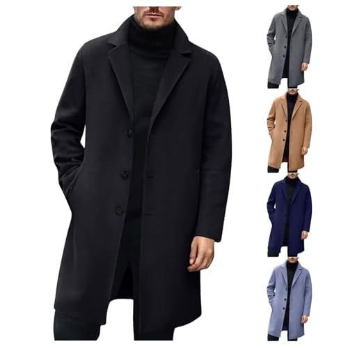 Image of AQAYL Trench Coat Men Wool Blend Pea Coat Notched Collar Single Breasted Overcoat Business Casual Winter Jacket with Pockets
