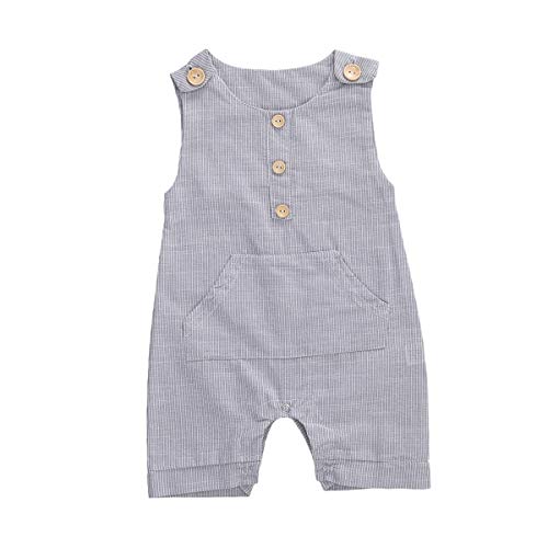 Image of Newborn Infant Baby Boy Sleeveless Romper Striped Button Bodysuit Cotton Linen Jumpsuit One-Piece Outfit Clothes