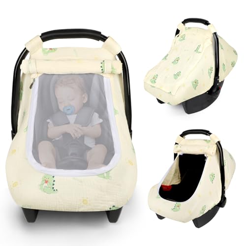 Image of Muslin Baby Car Seat Cover for Boys Girls, Infant Carseat Canopy with Breathable Mesh Peep Window, Summer Lightweight Sunshade Carrier Cover for Newborn, Green Dinosaur