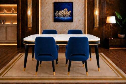 Image of WOODEN SPACE 4 Seater Wooden Dining Table Set | Urban Marble Top Dining Table with Chairs for Dining Room & Kitchen (Modern Vintage Navy Blue) (54 x 36 x 30 inch)