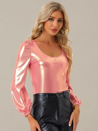 Image of Allegra K Metallic Blouse for Women's Sparkly Party Club Shiny Bishop Sleeve Disco Glitter Tops