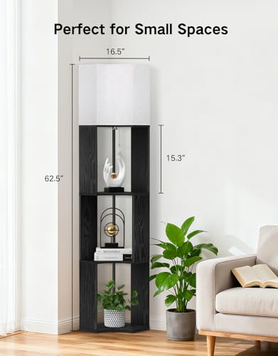 Image of OUTON Floor Lamp with Shelves, Modern Tripod Standing Shelf Lamp, Black | 3 Color Temperature Bulb, Storage Display Wood Column Tall Bookshelf Lamp for Living Room, Bedroom Office