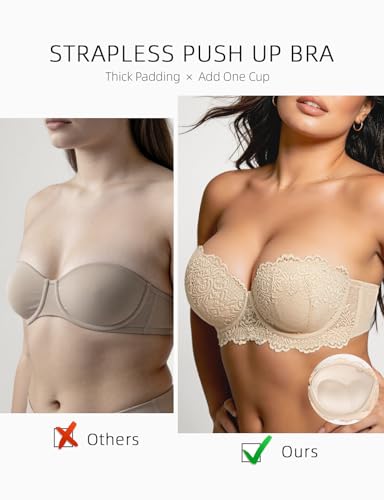 Image of Strapless Push Up Bra Heavily Padded Add Cup Balcony Multiway Bras | Non-slip Sexy Lace Convertible Bras with Clear Straps & Wired Support for Small Breast
