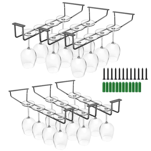 PINGEUI 6 Pack 14 Inch Wine Glass Holder, Metal Glasses Hanger Under Cabinet Glassware Shelf for Bar Kitchen, Black