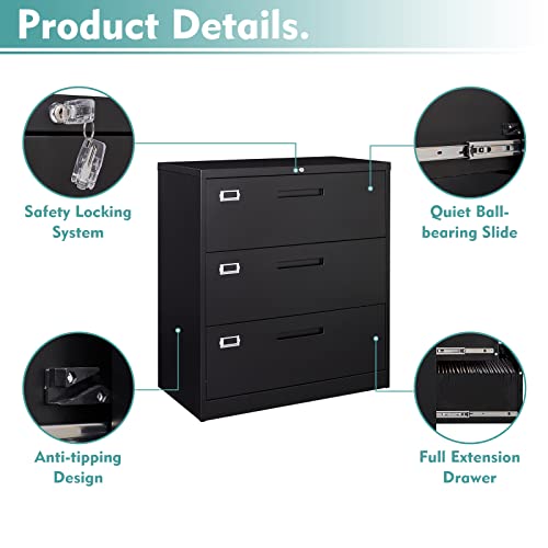 Miiiko Lateral File Cabinet 3 Drawer, Metal Filing Cabinet With Lock For Home Office, Large Storage File Organizer For Hanging File Folders,Easy Assemble #TOP5