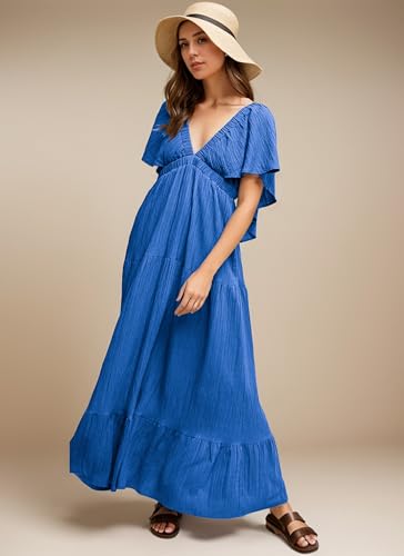 Image of Kikibell Women Summer Dresses Sexy V-Neck Maxi Dress Tiered Silhouette with Flutter Sleeve Backless Elastic Waist Flowy Dress