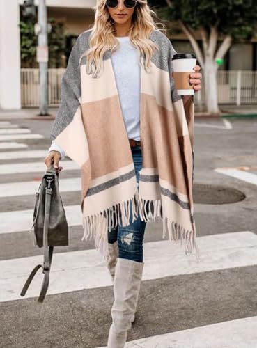 Image of Bestshe Women's Boho Open Front Poncho Plaid Shawl Wrap Cape | Tassel Cardigan Sweater, Cozy Layering, Fall Winter Clothes for Women