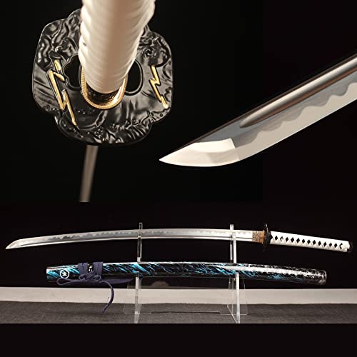 KWXPW 103cm Ghost of Tsushima Handgemachtes Katana Massivholz lackierte Scheide und Manganstahlklinge Handgemachte Samurai-Schwerter für Wohnkultur Cosplay Kendo Iaido Display Sammeln