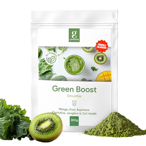 GREENORA Fruta Liofilizada en Polvo de Mango, Kiwi, Espinaca, Espirulina, Jengibre y Col Rizada, Ideal para Smoothies, Bowls y Recetas, Sin Azúcar, 25 Servicios, Green Boost