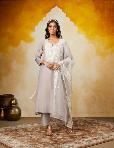 Image of Amazon Brand - Myx Women Kurta Pant Set with Embroidered Organza Dupatta | Viscose,Rayon | A-line fit (Available in Plus Sizes)