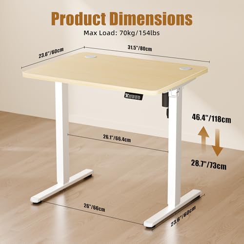 Image of ERGOMAKER Electric Standing Desk 80x60cm (31 inchx23.6 inch), Height Adjustable Sit Stand Desk with Splice Board for Home Office, Computer Desk Memory Preset (White Frame + Golden Oak Desktop)
