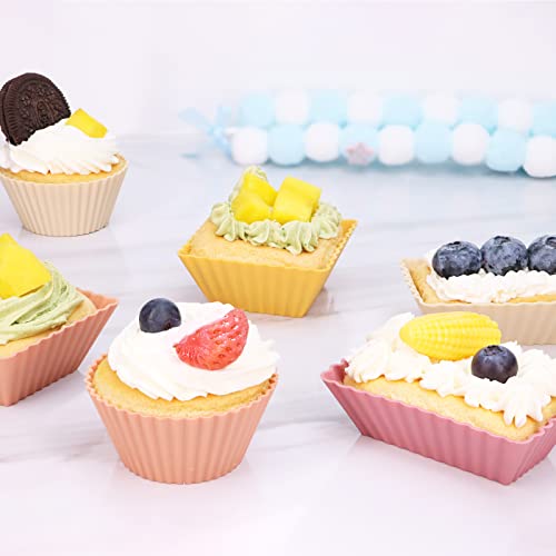 Image of 24Pack Silicone Muffin Cups, Reusable Cupcake Liners Molds for Baking, 3 Shapes Lunch Box Bento Dividers-Round, Square, and Rectangular (Orange Series, Regular Size)