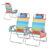 VINGLI Tall Beach Chair 2 Pack, with 5-Position, Cooler Bag, Cup Holders, Towel Bar, Lightweight Folding Beach Camping Chairs for Adults(Rainbow-16)