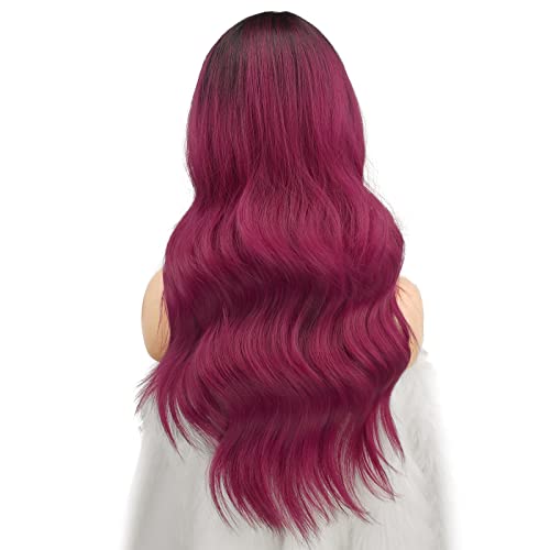 FESHFEN Long Wavy Ombre Burgundy Wigs for Women 22 Inch Middle Parting Natural Looking Synthetic Hair Fashion Curly Wig for Party Cosplay Daily Use - Image 3