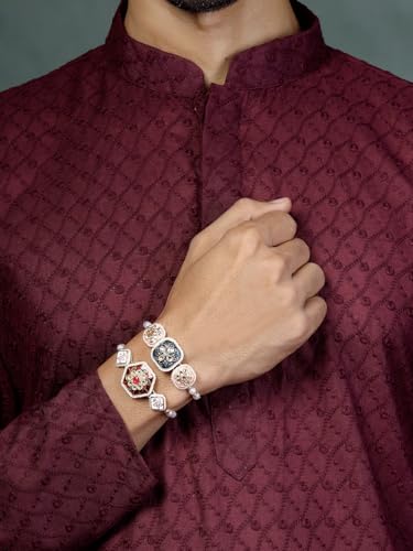 Image of Sukkhi Rakhi Traditional Kundan & Pearls Designer Meenakari Gold Plated Premium Rakhi for Brother With Roli Chawal & Greeting Card | Rakhi for Brother /Bhaiya /Bhai /Men|Rakhi Combo-Set of 2|CBRAK106942