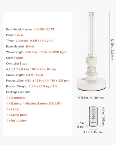 Image of VEVOR Clean Light, 25W Lamp with Ozone, Portable Lamp with Remote Control, Clean Light Bulb with Base and 30 /60 /120 Min 3-Gear Timer, for 400 sqft Living Room, Bedroom, and Hotel