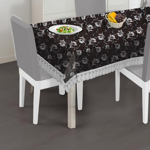 Image of The Furnishing Tree Waterproof PVC Rectangle Shaped 8 Seater Table Cover WxL 60x108 inches Floral Pattern Dark Brown with White Border lace