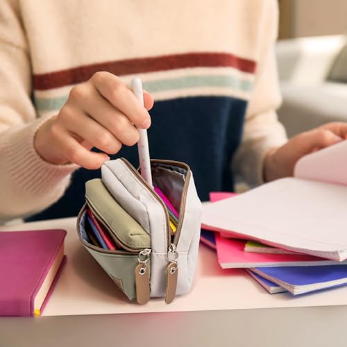 Image of Large Pencil Case, Pencil Pouch with Zipper Compartments, Aesthetic Pencil Case for Adults, Stationery Pouch Pen Case for Office (Beige&Green)
