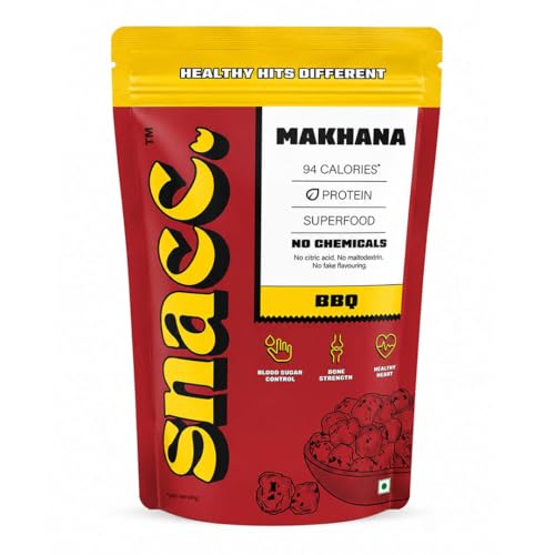 Image of Snacc BBQ Makhana, Spicy Roasted Fox Nuts, Protein Rich, Barbeque Makhana, Gluten Free, MSG Free, Zero Trans Fat, Zero Sugar, Low Calorie 60 g (pack of 4, BBQ)